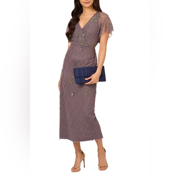 Adrianna Papell Beaded Ankle Length Dress With Sheer Flutter Sleeves Dress - Picture 2 of 3